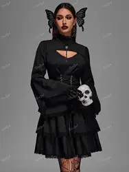 ROSEGAL Gothic Lace-up Layered Dresses Plus Size Floral Lace Trim Cutout Flare Sleeves Ruffles Knee-Length Solid Color Vestidos