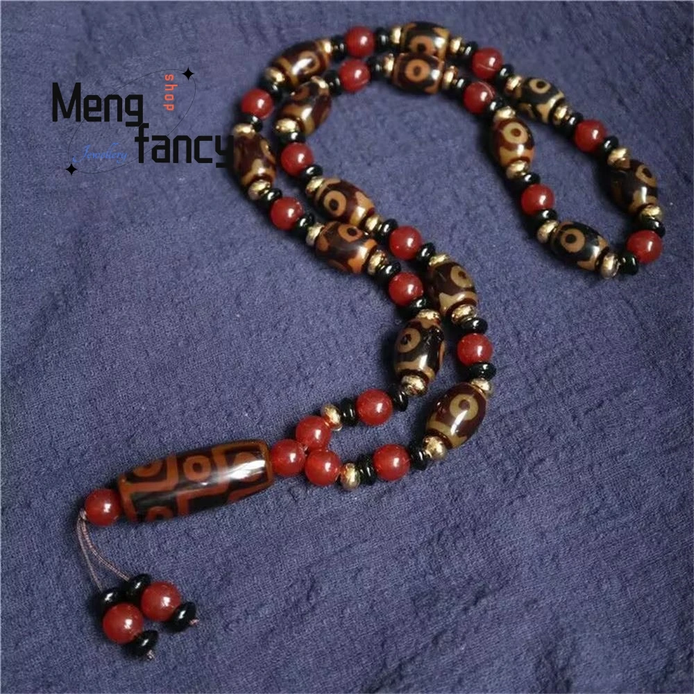 High-grade Retro Nine-eyed Natural Agate Buddhist Prayer Beads Mascots Sweater Chain Best Selling Fashion Jewelry Holiday Gifts