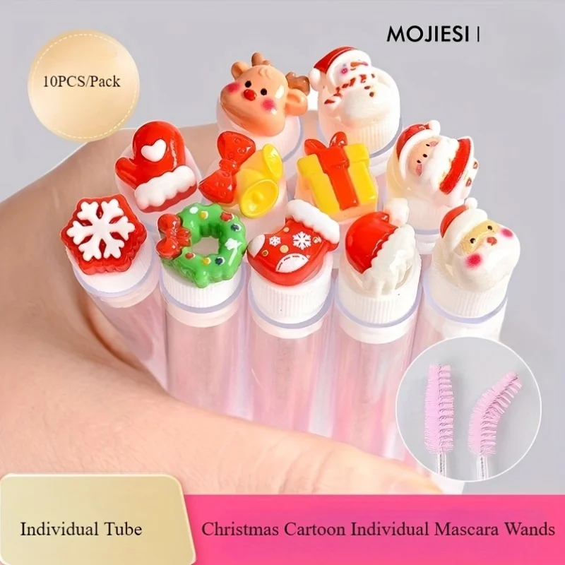 10pcs Christmas Eyelash Brushes Set - Santa Snowflake Design Mascara Wand, Eyebrow Comb, Makeup Applicator - Festive Beauty Gift