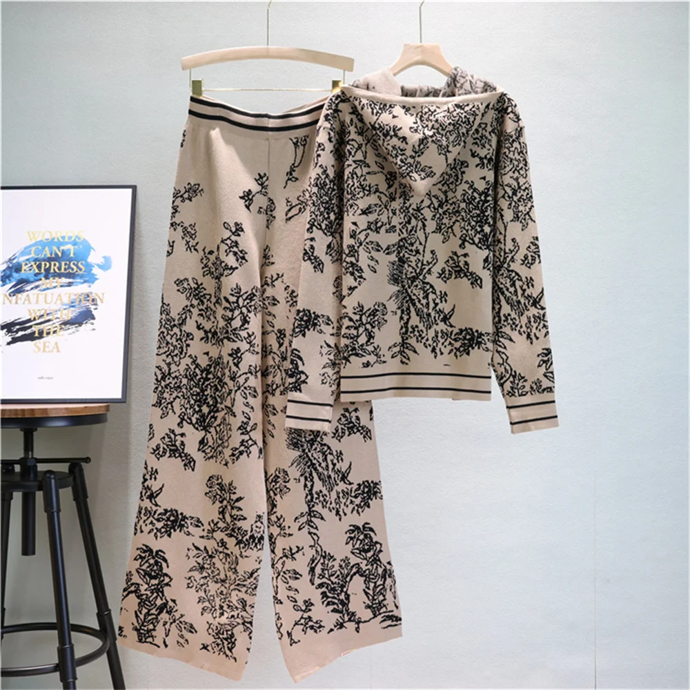 New Fashion Floral Jacquard Knitted 2 Piece Set Womens Outfits Casual Loose Hooded Sweater+Wide leg Pants Set