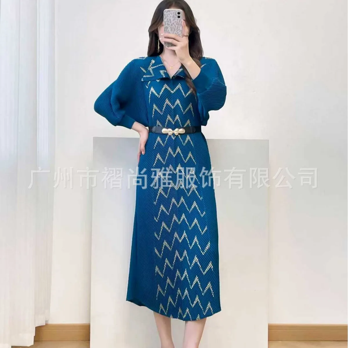 Miyake Pleated 2025 Autumn and Winter New Lapel Printed Fish Scale Pleated Dress Pleated Waistband Temperament Elegant Skirt