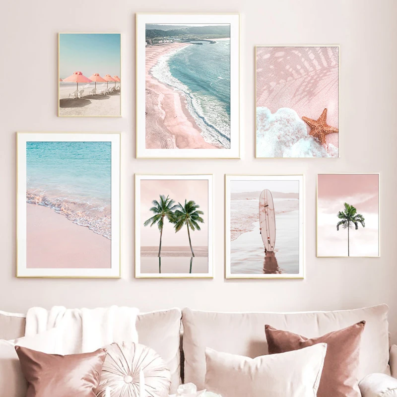 Pink Beach Surfboard Trees Starfish Ocean Wave Landscapes Canvas Painting Scandinavian Wall Poster Art Print Decor Room Pictures