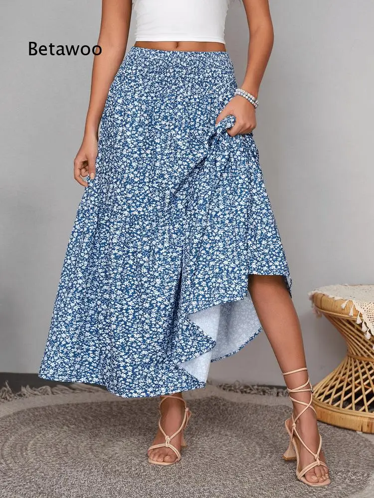 Women Elastic High Waist A Line Swing Midi Skirt Floral Print Umbrella Dress Bottoms For Spring Summer Travel Beach Holiday And