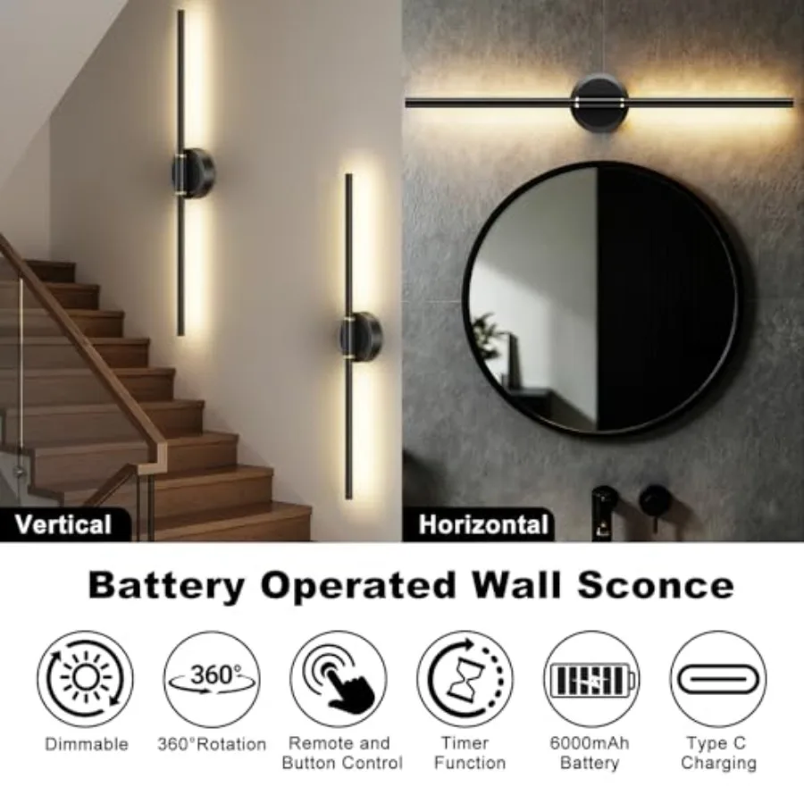 Battery Operated Wall Sconces Set of 2 Dimmable 6000mAh Rechargeable Wall Lights LED Wall Lamp with Remote Control