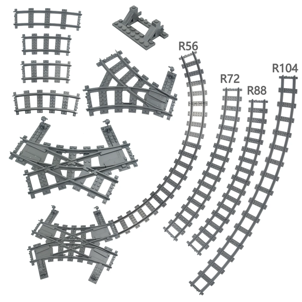 MOC City Brick Switch Cross Forked Curved Rails Building Block Train Rail Curve Tracks R56 R72 R88 R104 Creative DIY Toy