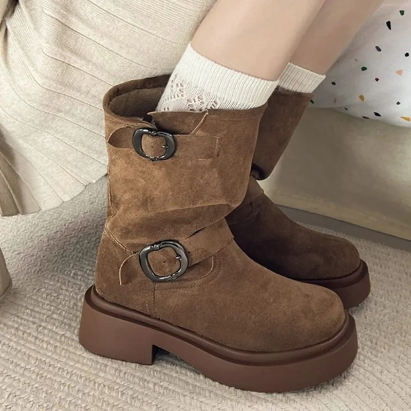 

Ankle Boots for Women Mid Heels Fashion Suede Shoes Designer Buckle Chunky Short Boots 2025 Winter New Dress Zapatillas De Mujer