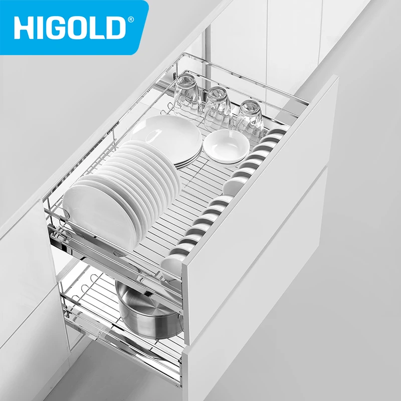 HIGOLD Pull Out Basket SUS304 Double Layer Kitchen Drawer Bowl Rack Storage Basket Dish Basket Square Line Design