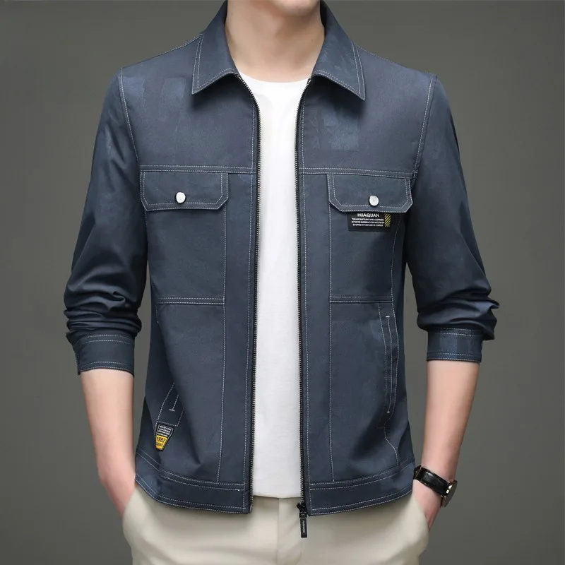 

Spring Imitation Denim Dark Pattern Camouflage Men's Flip Casual Jacket with Lapel and Zipper Style, Fashionable and Individual