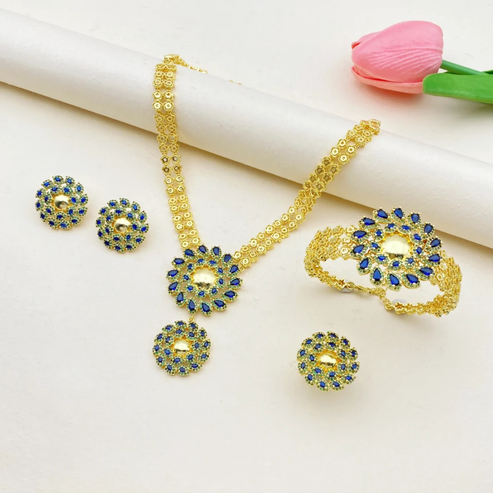 Flora Gold Plated Copper Zircon 4Pcs Jewelry Set For Women Indian Wedding Bridal Sparkling Bracelet Ring Necklace Earrings