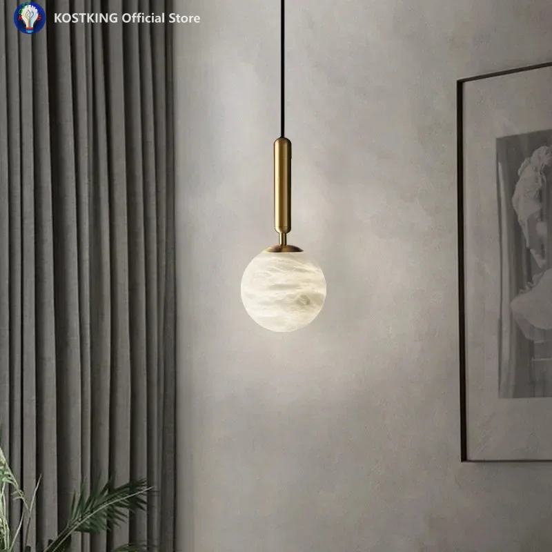 Modern Marble All Copper Pendant Light Single Head Bedroom Bedside Lamp Designer Restaurant Alabaster Chandelier Indoor Decor