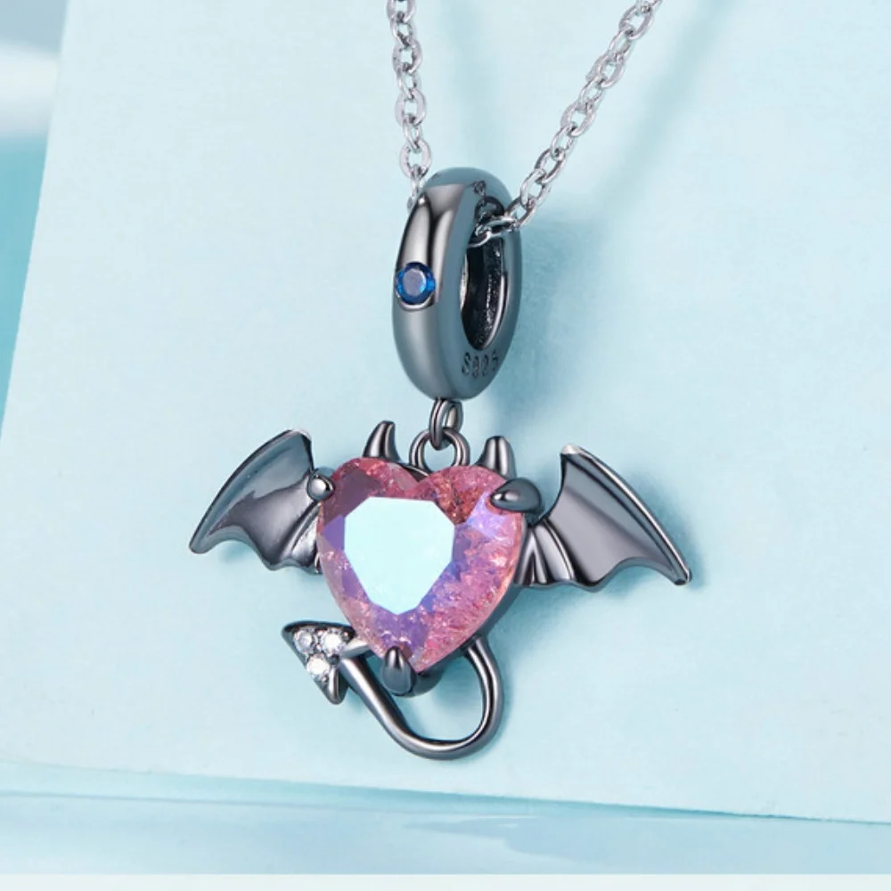 

Dark Wind Love Devil Pendant Necklace Pink Heart S925 Sterling Silver Collarbone Chain