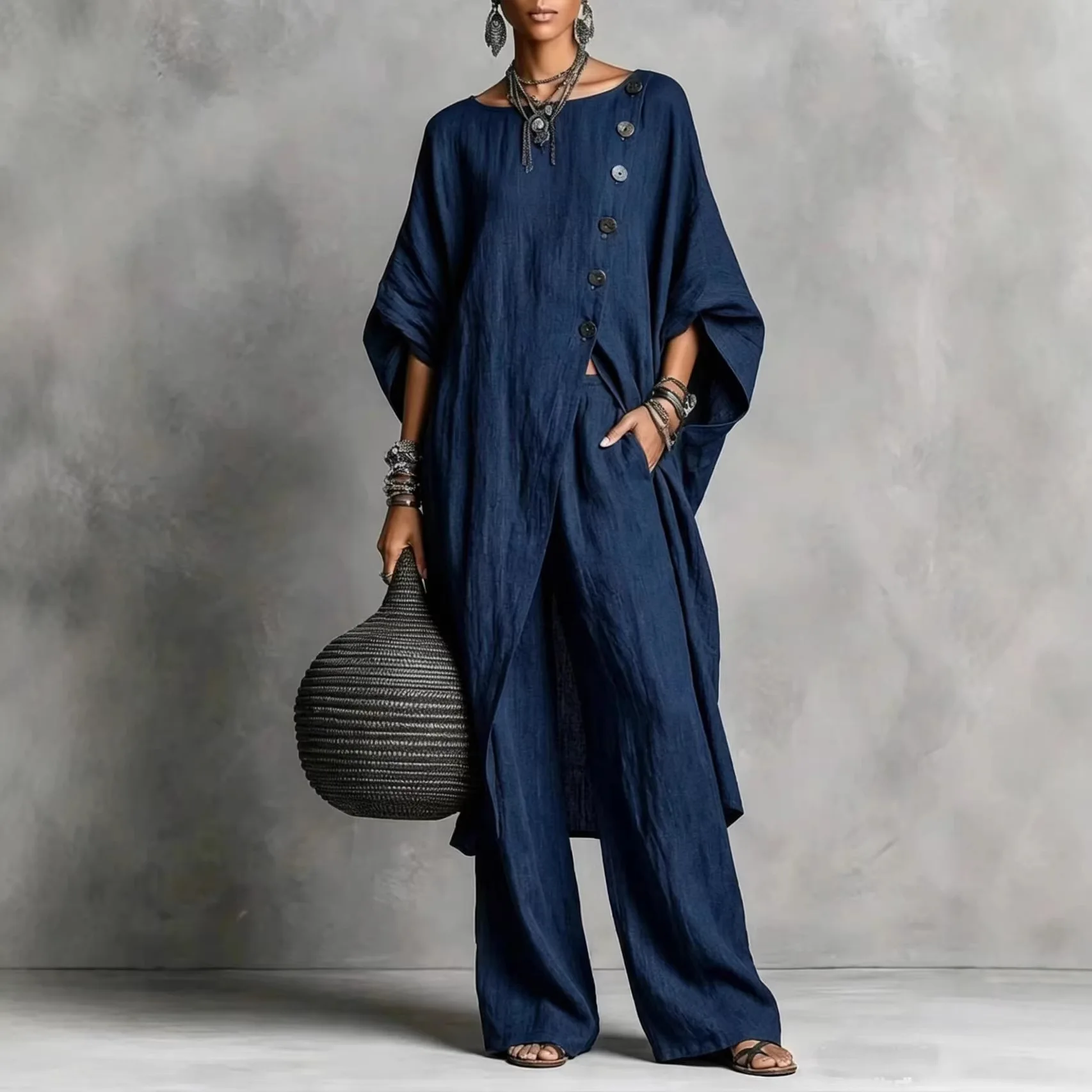 Irregular 2 Piece Set for Women Batwing Sleeve Button Tunic Top and Wide Leg Pants Casual Vintage Round Neck Loungewear Outfit