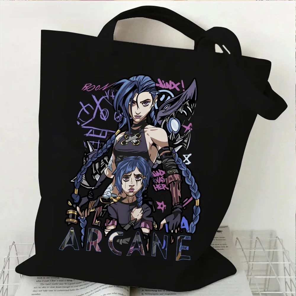 Arcane-Jinx  Print Canvas Tote Bag League of Legends Reusable Shopping Bag Women Shoulder Shopper Bag Large Capacity Handbags