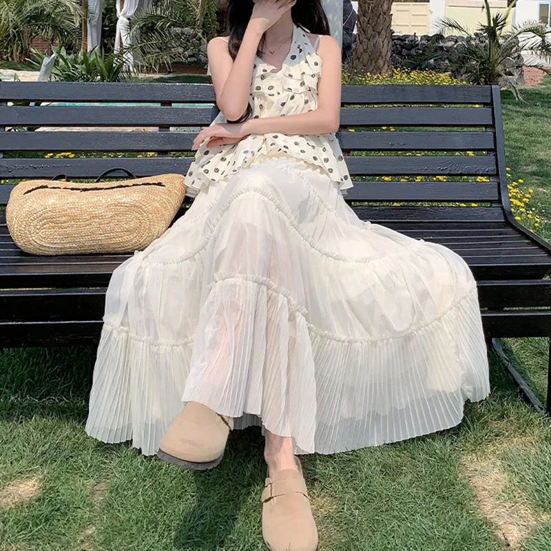 Korean Sweet Big Swing Gauze Skirt Women High Waisted Drooping Spliced Long Skirts Ladies Summer New A-Line Pleated Cake Skirt