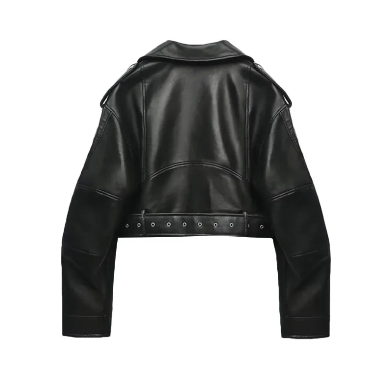 Women's vintage faux leather jacket Short jacket top Long sleeve zipper biker style leather jacket