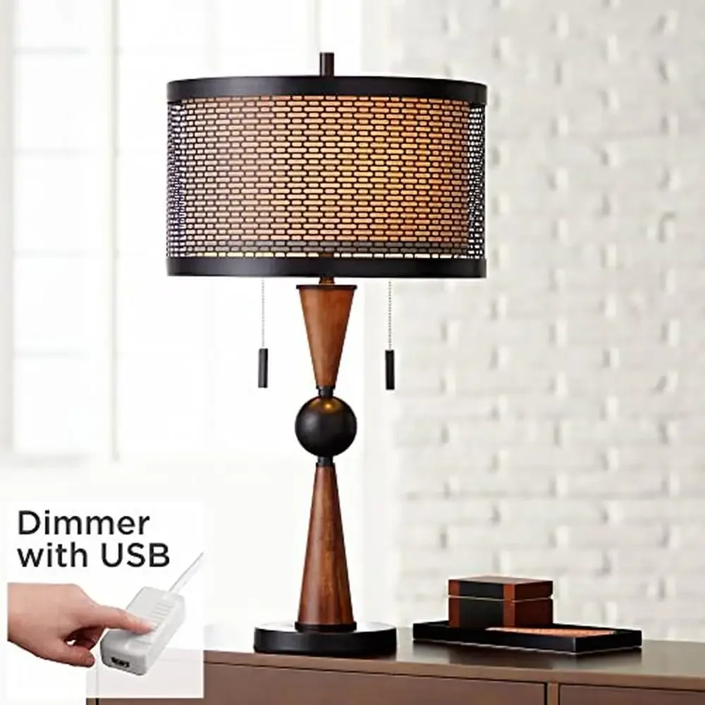 Farmhouse Industrial Table Lamp USB Charging Port Bronze Cherry Wood Double Drum Shade Hunter 29.75