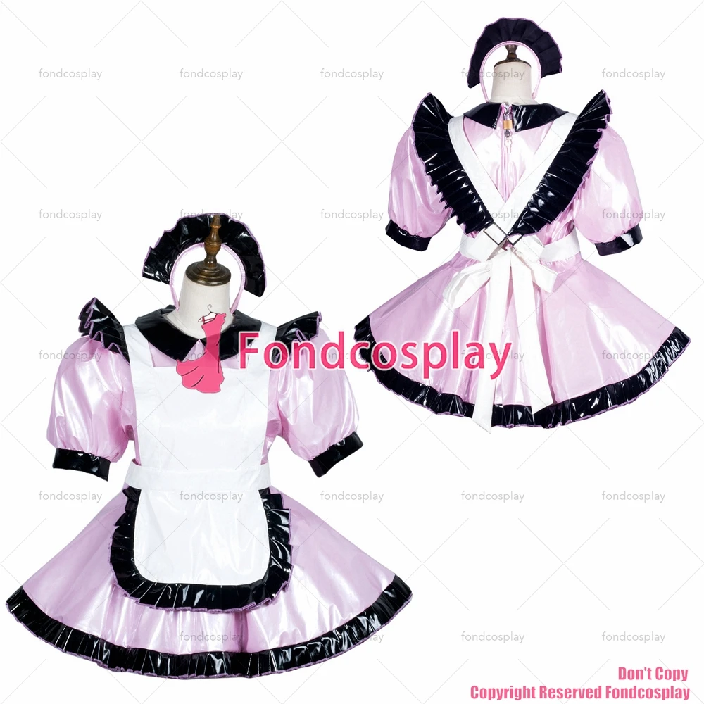 

fondcosplay adult sexy cross dressing sissy maid baby pink thin pvc dress lockable Uniform white apron costume CD/TV[G3778]