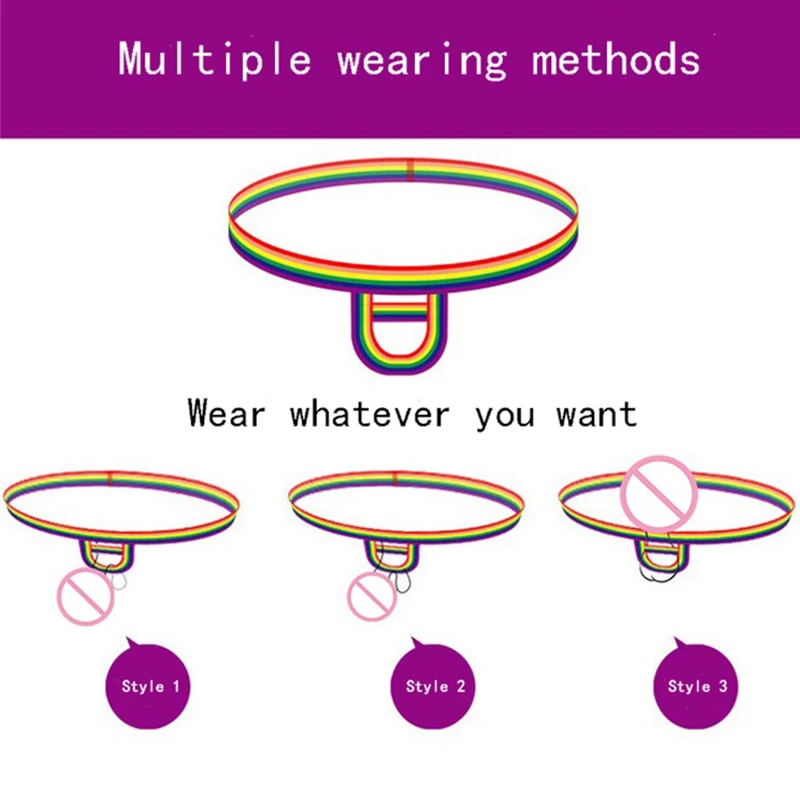 CLEVER-MENMODE Men\'s Sexy Jockstrap Crotchless Cock Ring Thong Open Butt Panties Backless Bikini Rainbow Striped Fetish Costumes