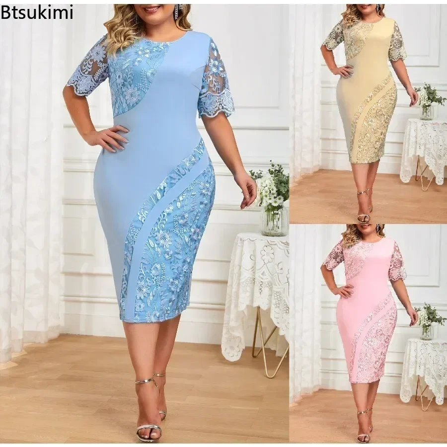 Vestido feminino de renda de manga curta, plus size, slim fit, emendado, gola redonda, casual, elegante, verão, 5XL, novo, 2024