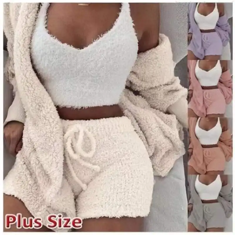 

Autumn Winter 3 Piece Fluffy Outfits Plush Sexy Backless Fleece Pyjamas Women Casual Sports Sweatshirt Home Wear Sets Tracksuit