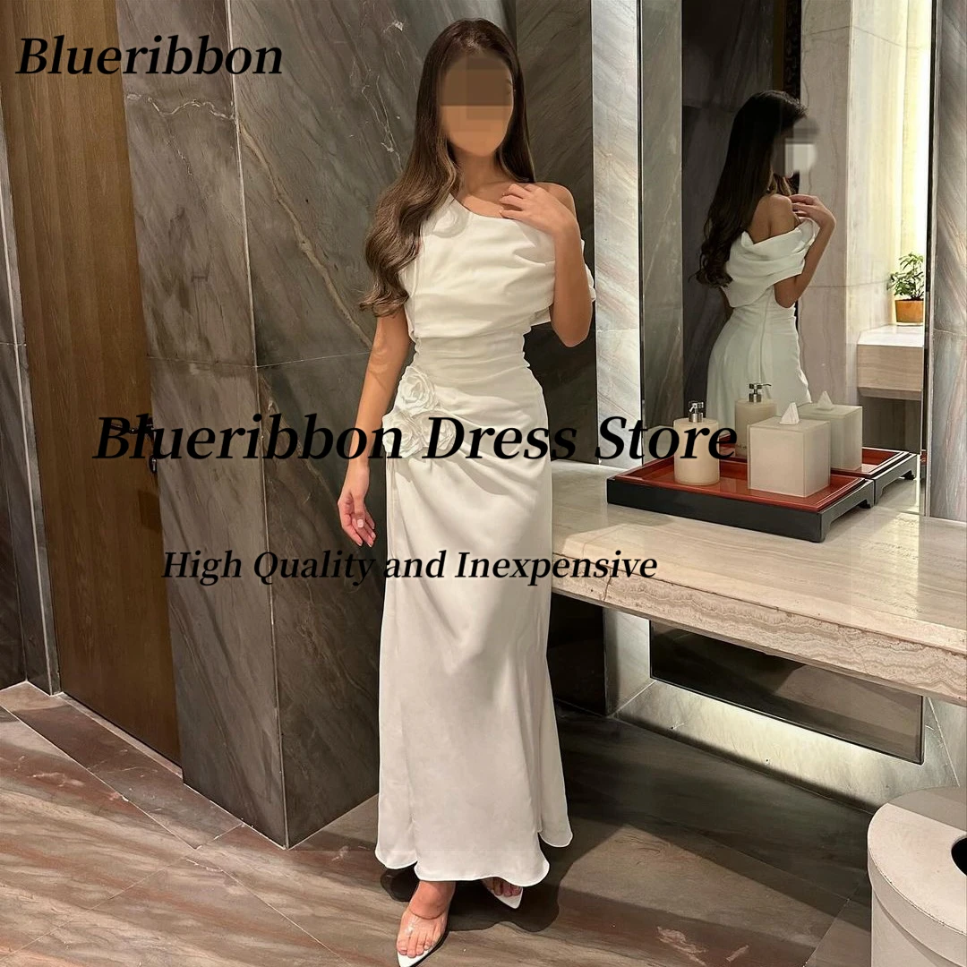 Blueribbon Off Shoulder Prom Dresses with Flowers Evening Gowns Ankle Length Special Occasion Robe Des Marrige