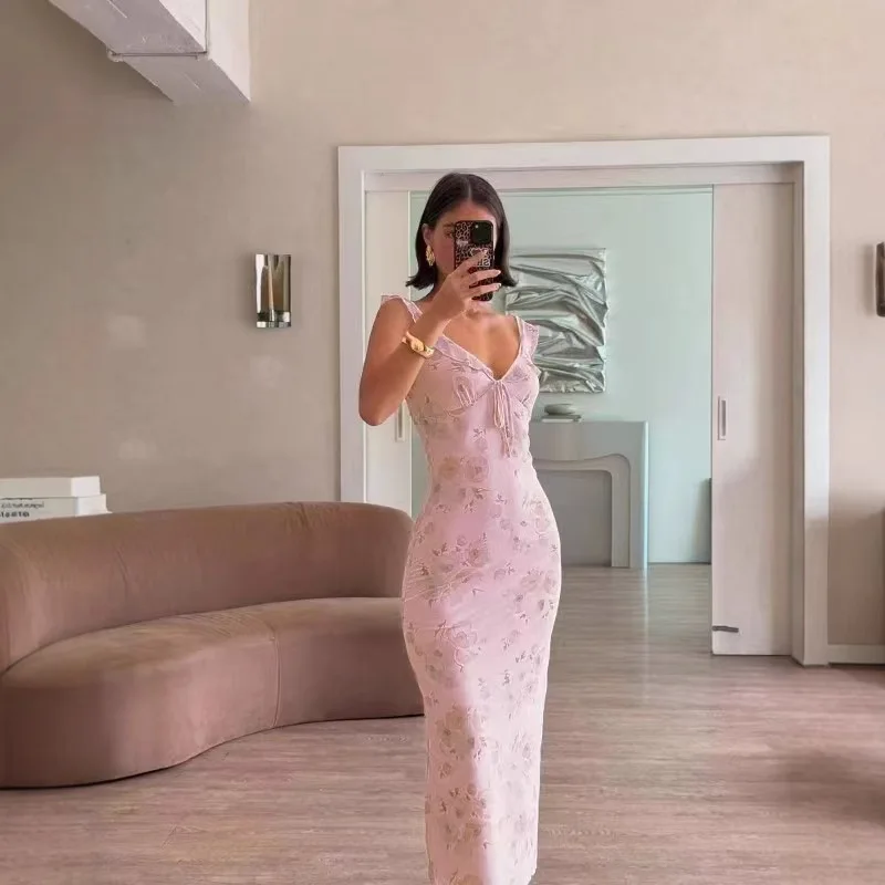 2026 Collection Of Chic V-neck Printed Maxi Dress Sexy Waist Cinching A Line Bodycon Dresses Lady Spring Summer Vacation Outfit