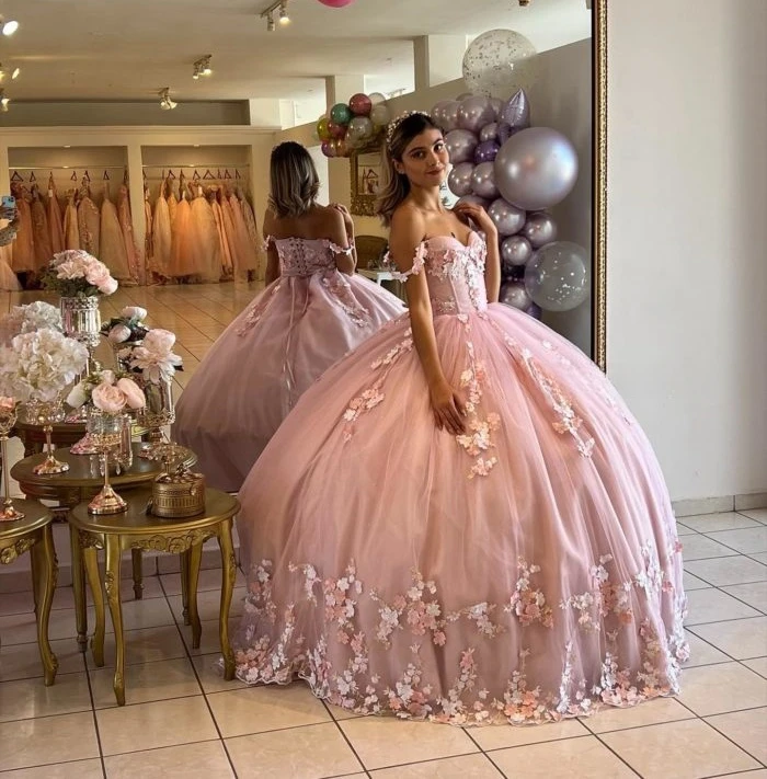 Rosa Prinzessin Quince anera Kleider Ballkleid von der Schulter Tüll Applikationen süß 16 Kleider 15años mexikanisch