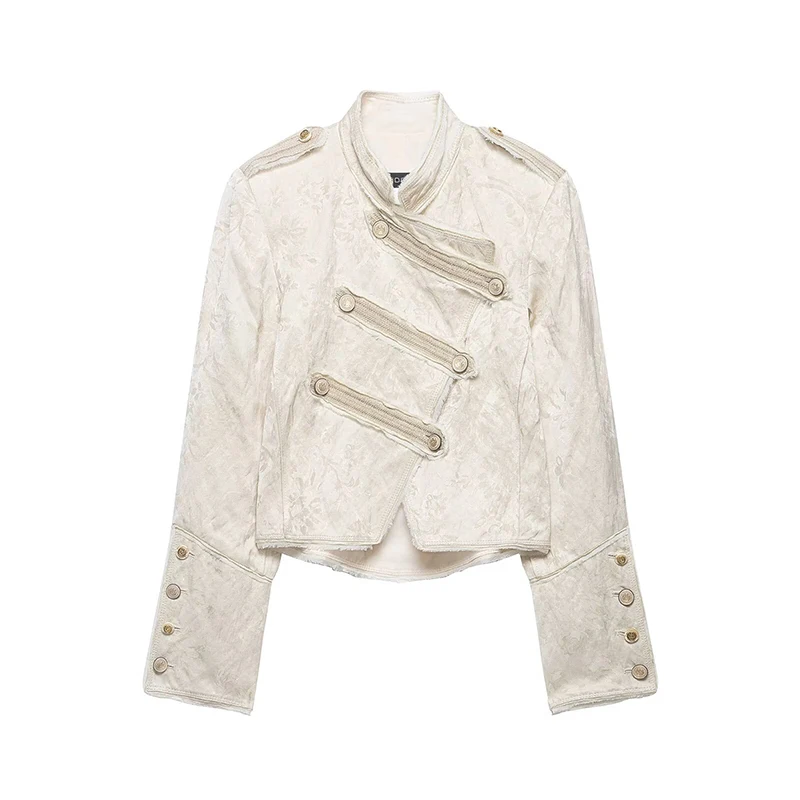 YENKYE New 2026 Women Jacquard Cropped Jacket High Neck Long Sleeve Frayed Trim Vintage Coat