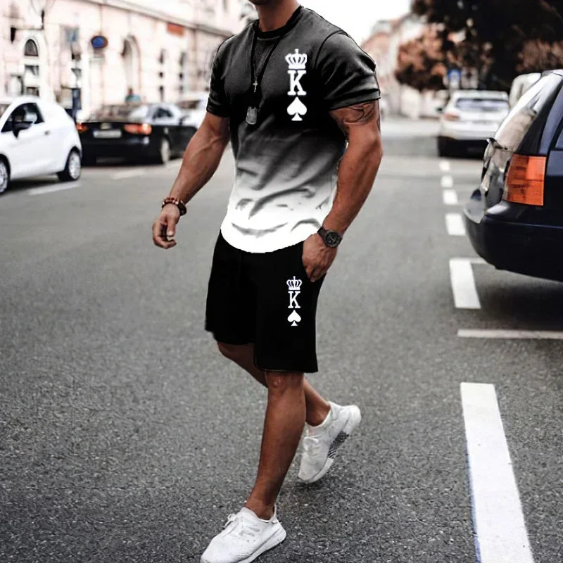 2024 Summer 3D Men\'s Casual Fashion Gradient Spade K Printed Round Neck T-shirt Shorts Set,Street Boys\' Personalized Wearing Fu