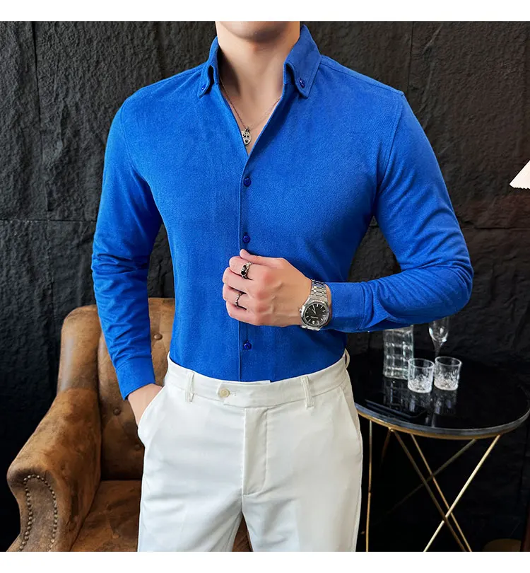 Velvet V-neck Long Sleeve Shirt Men Korean Style Thick Blouse Non-iron Top Men Dress Shirt Male Clothing Autumn Winter New 2025