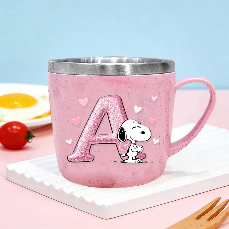 Novo Copo Térmico de Aço Inoxidável Snoopy para Mulheres, Caneca Fofa de Anime com Letras, Copo Antiderramamento para Crianças, Copo para Escova de Dentes, Presente de Aniversário Infantil
