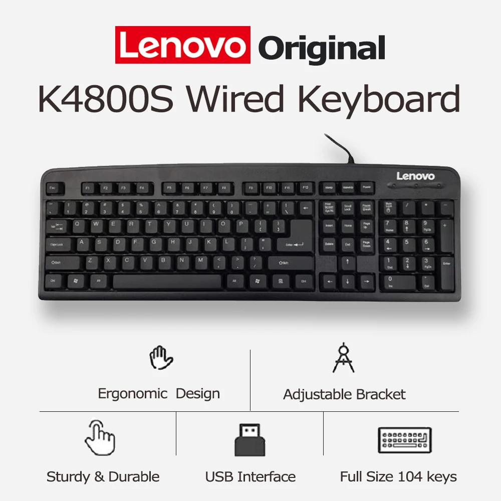 

Проводная клавиатура Lenovo K4800S, полноразмерная, 104 клавиши, прочная, эргономичная, USB для ПК, ноутбука, Windows 7, 8, 10, MacOS