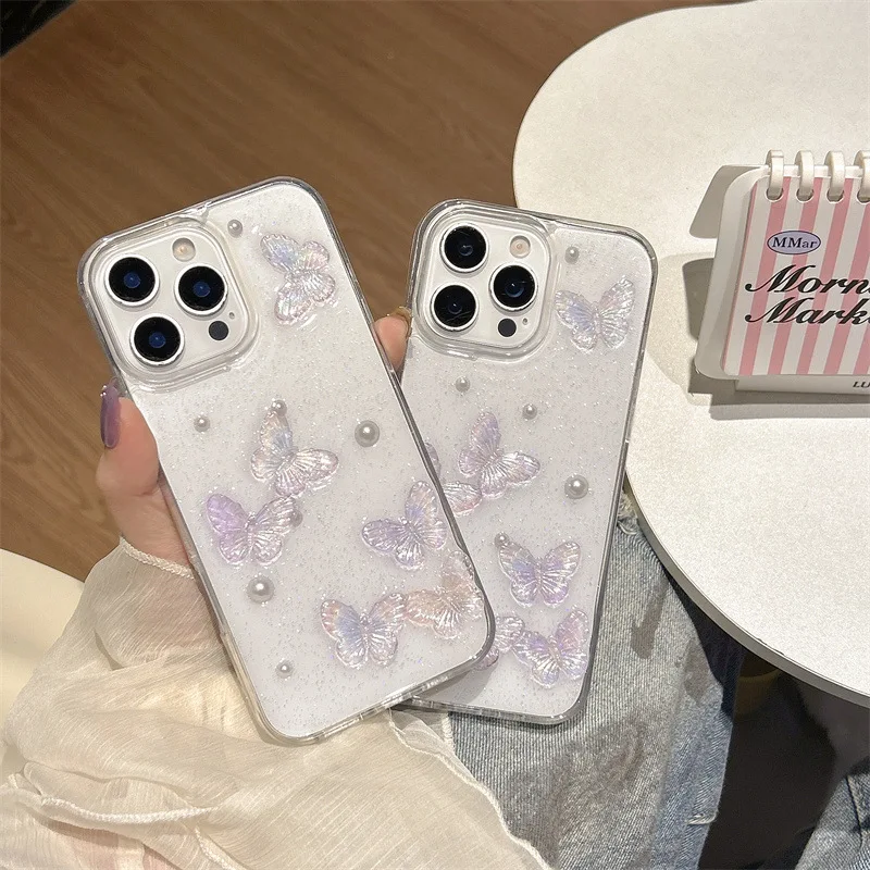 Luxuriöse 3D-Schmetterlings-Perlen-Tropfenkleber-Glitzer-Handyhülle für iPhone 17, Air 16, 15, 14, 13, Pro Max Plus, transparente, stoßfeste Abdeckung