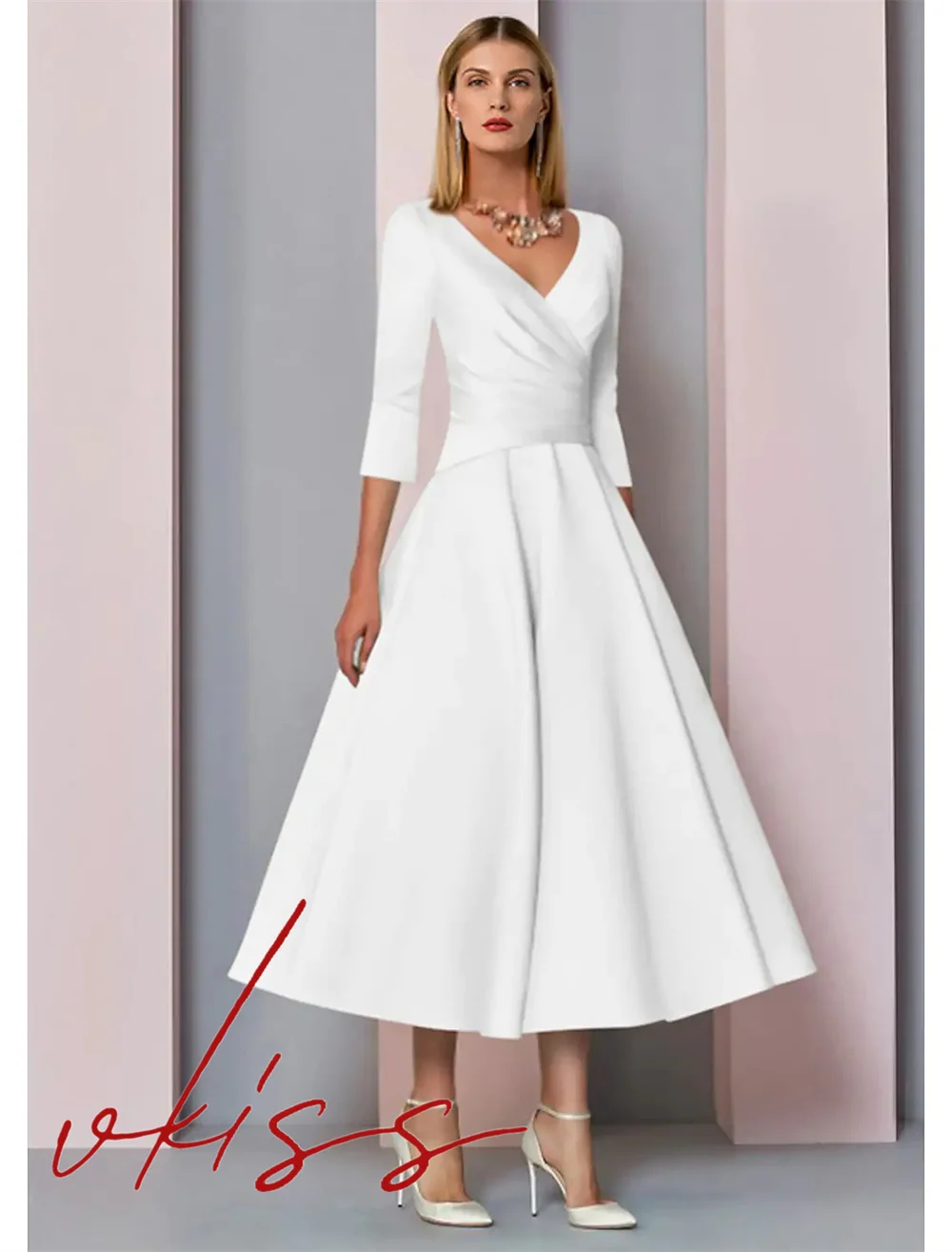 Vkiss 2022 A-Line Mother of the Bride Dresses Elegant Vintage V Neck Tea Length Satin 3/4 Length Sleeve with Pleat Wedding Party