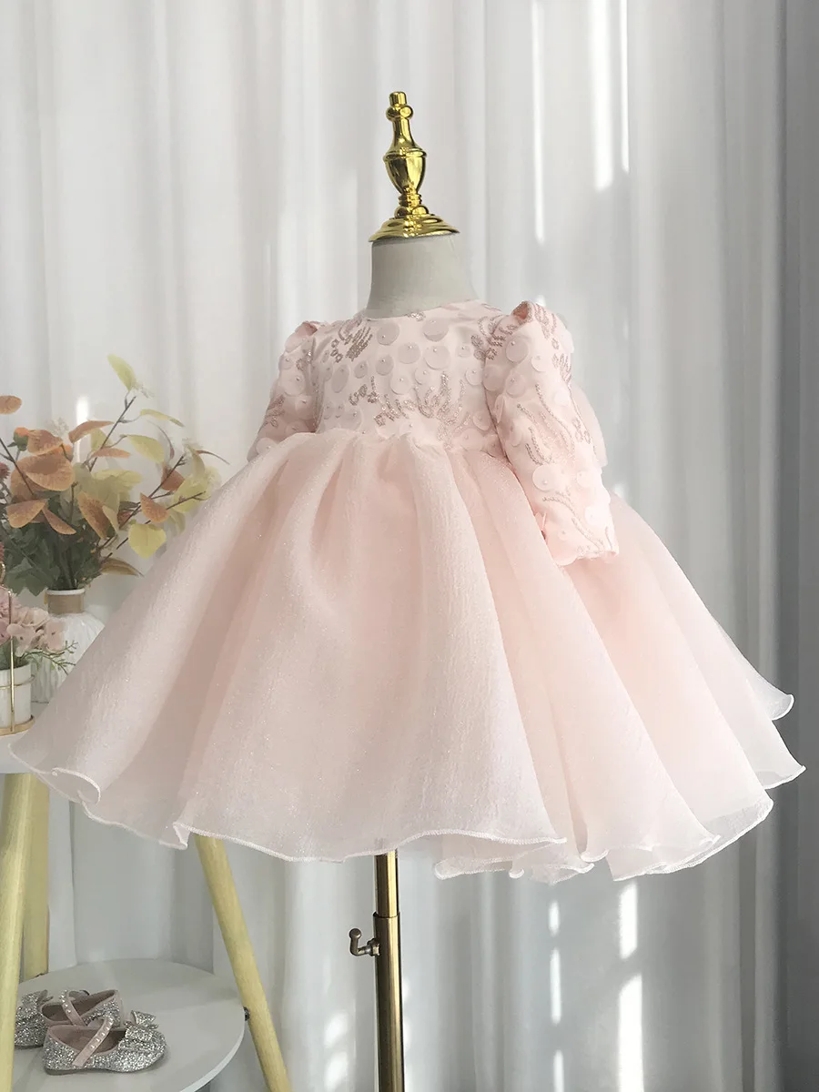 2024 Baby Girls Pink Princess Ball Gown Kids Cute Bow Sequin Design Long Sleeve Birthday Baptism Party Dresses y1158