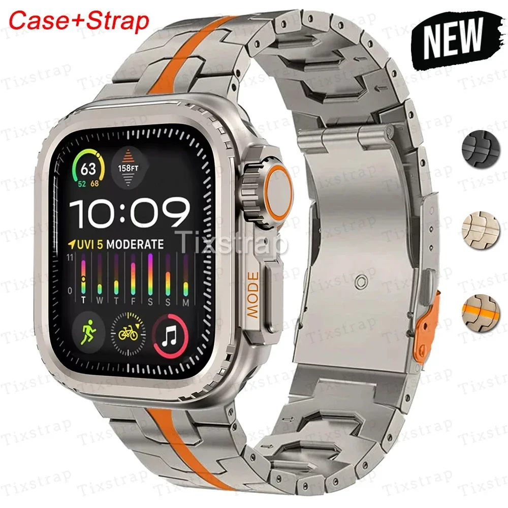 Titanium Metal Strap+Metal Case For Apple Watch Series 44mm 45mm Upgrade Metal Bumper Frame Protector iWatch 9 8 7 6 SE 5 4 3