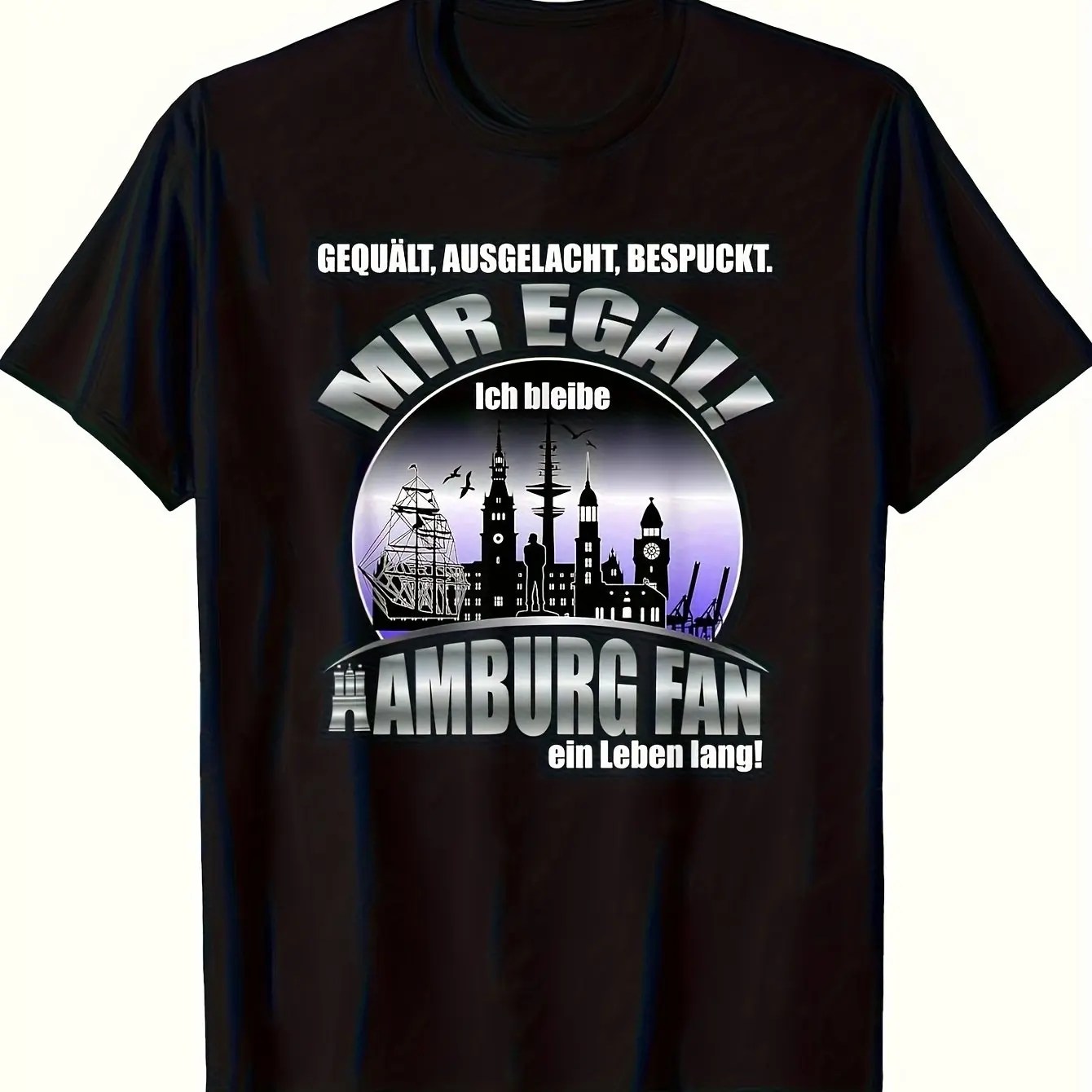 Men'S Hamburg Amburgo Supporter T-Shirt 180G Heavyweight with German Logo Print, Black Featuring White Purple Hafencity Skyline