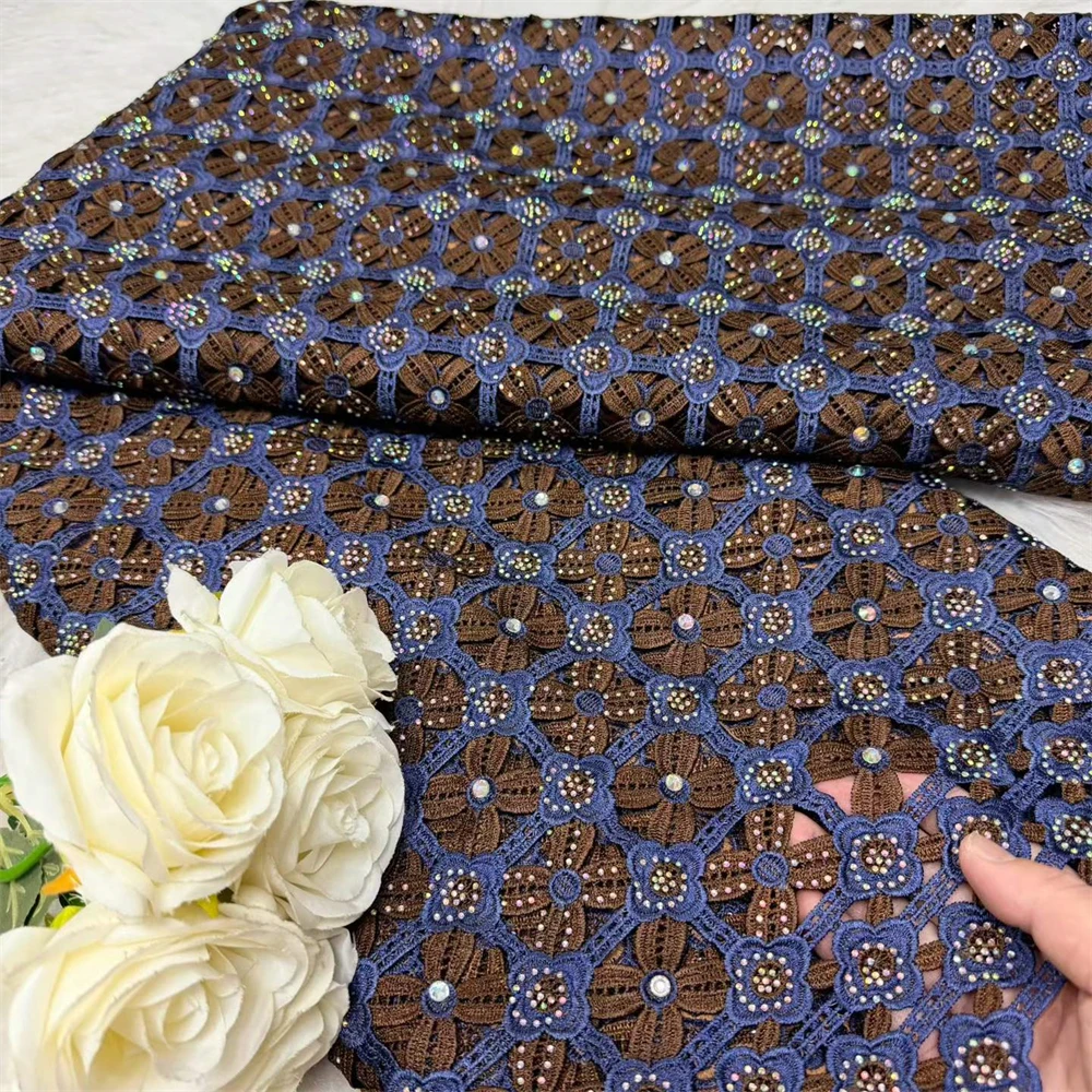 

Роскошная нигерийская чистая водорастворимая кружевная ткань с драгоценными камнями и африканским гипюровым шнуром, кружевная ткань для женской одежды и домашнего декора