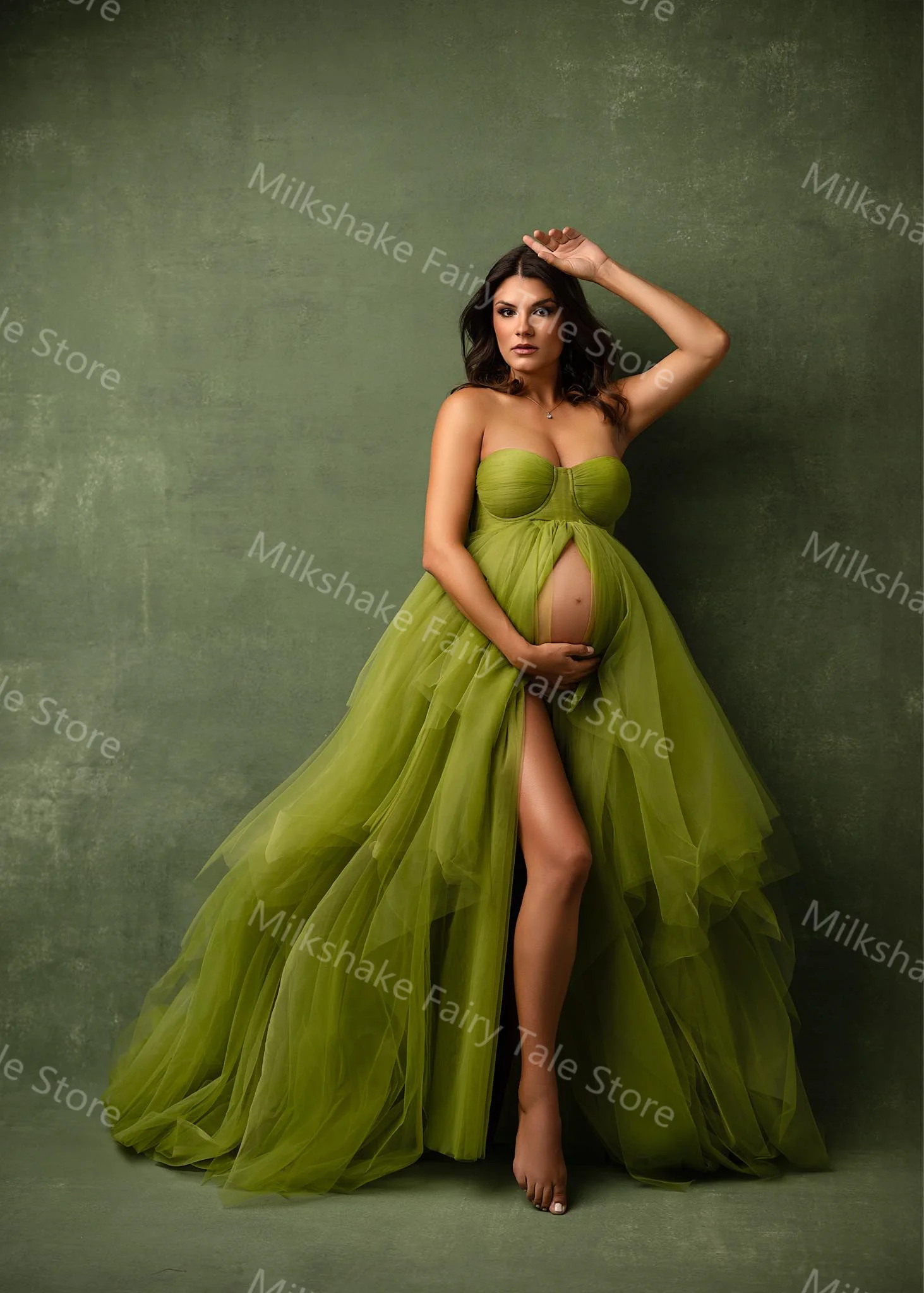 Robes de maternidade verdes vintage para mulheres grávidas fora do ombro uma linha tule fotografia vestidos sexy frente split babyshower vestidos