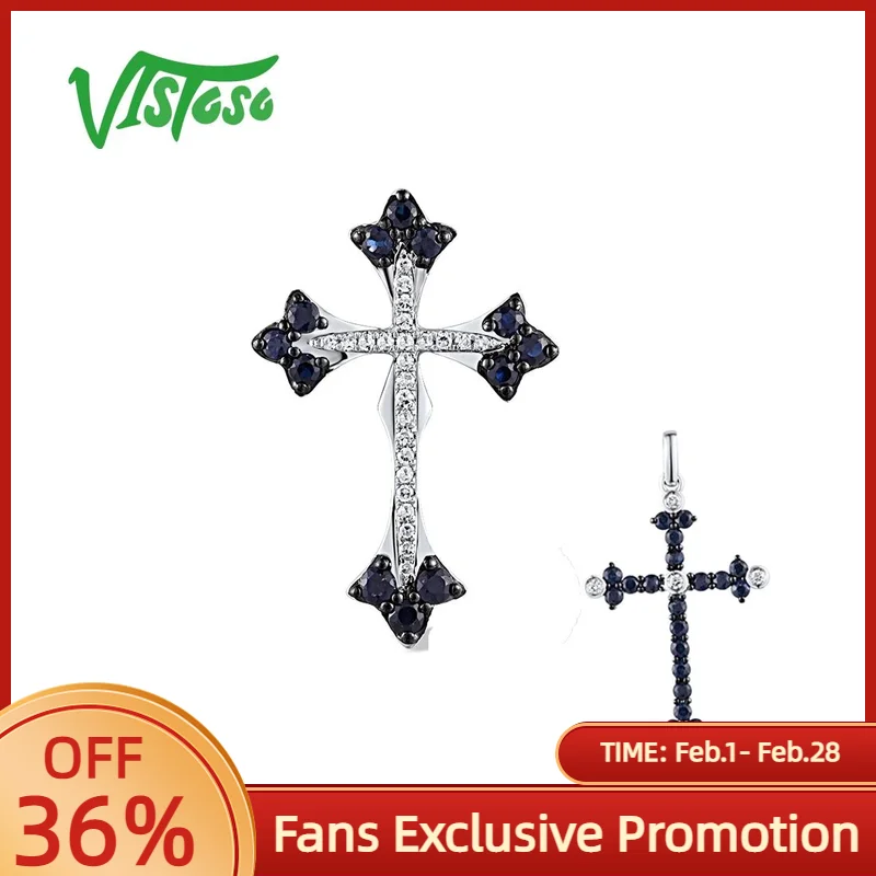

VISTOSO настоящие подвески из белого золота 14 карат 585, для женщин, сверкающие бриллианты, синий сапфир, гламурный крест, подарок для вечеринки, ювелирные украшения