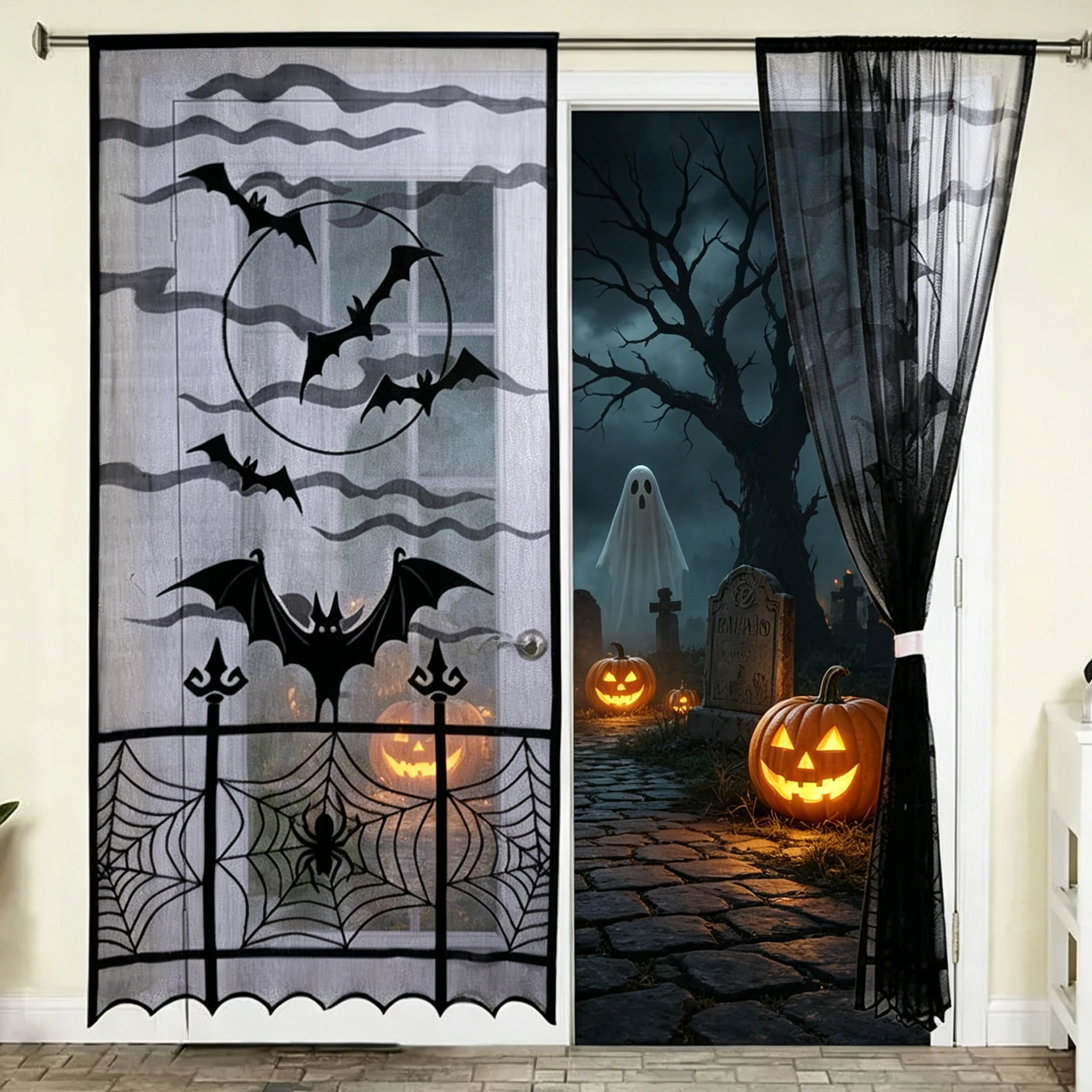 Halloween Black Lace Skull Witch Window Curtain Spooky Spider Web Print Door Drapes Home Indoor Office Party Decor Supplies