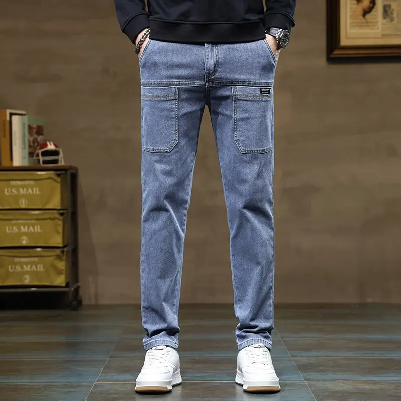 2024 Spring and Autumn Fashion Trend Solid Color Straight Leg Stretch Jeans Men's Casual Relaxed Comfortable Breathable Trousers