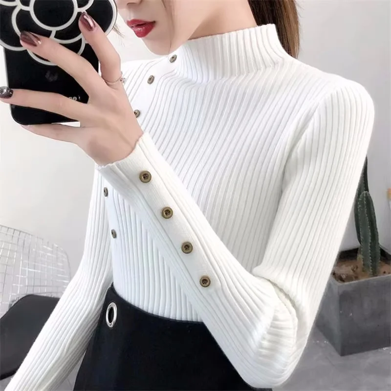 2024 Autumn Elegant Half High Collar Long Sleeve Sweater Fashion Button Casual Knitted Top Winter Pullover Clothing