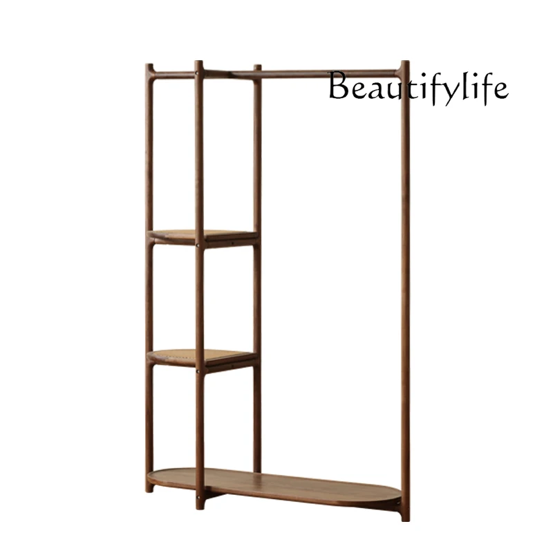 

Rufeng Coat Rack Floor Black Walnut Solid Wood Multifunctional Storage Rattan Bedroom Hanger