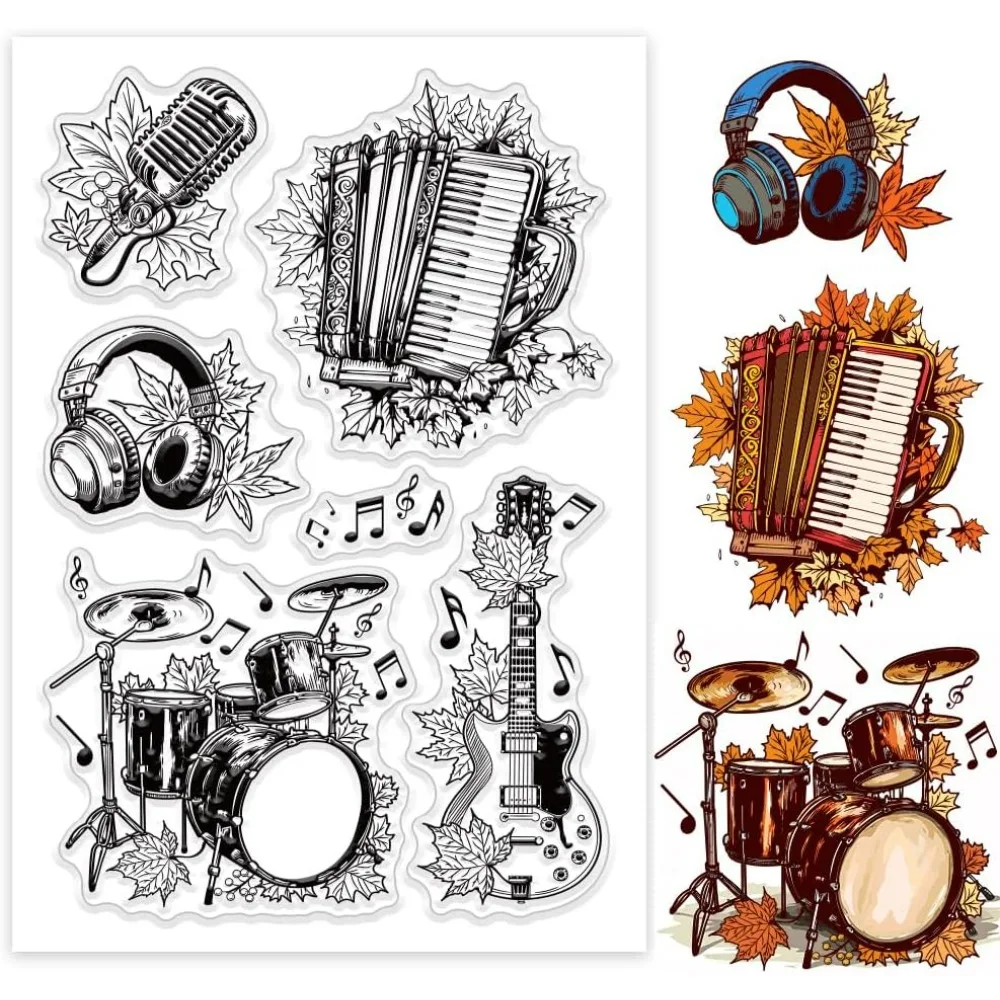 Musical Instrument Clear Silicone Stamps for DIY Card Making Autumn Silicone Transparent Sea Headphones Drum Guitar Decorative