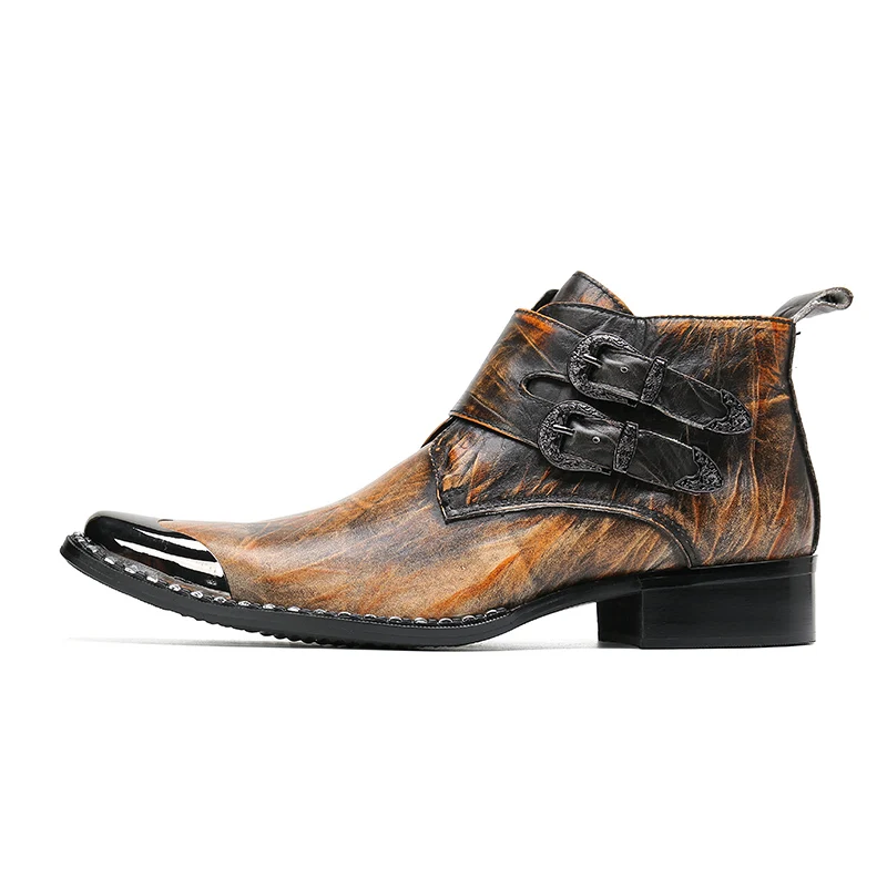 Retro Motorcycle Boots Steel Pointed High Heels  Western Brown Double Buckle with Side Zipper Denim Boots for Men