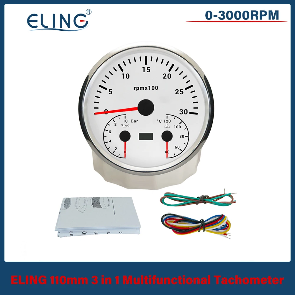 ELING 110mm 3in1 Multifunctional 3K 6K 8K RPM Tachometer with Oil Pressure 10Bar Water Temp 12V 24V with 7 Colors Backlight