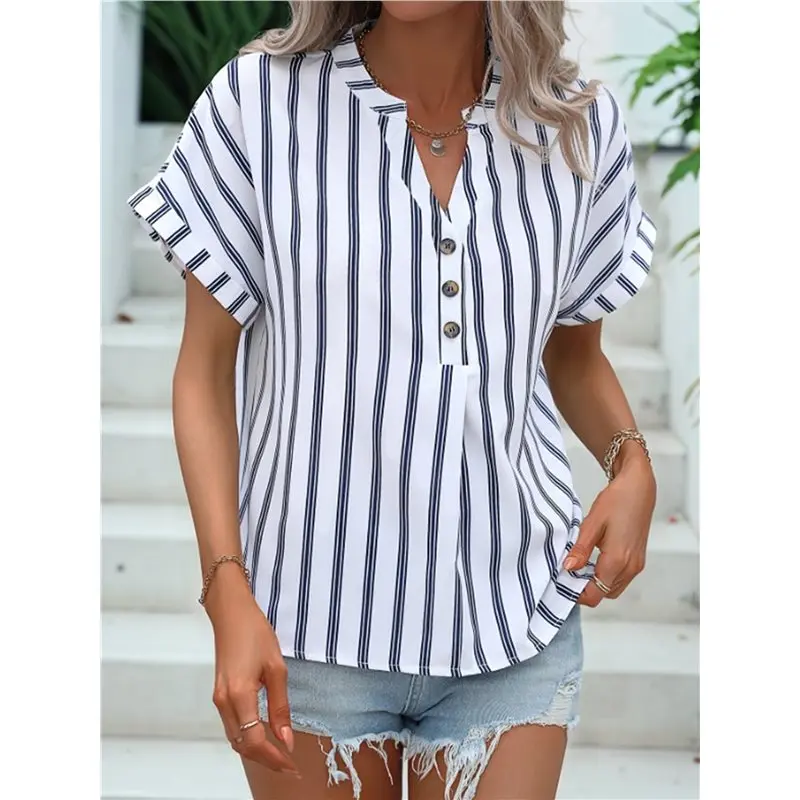 T-shirts et Blouses Décontractées Chic à Rayures Henley pour Femmes, Col en V Boutonné, Vêtements Tendance Noir & Blanc, Éco-responsables