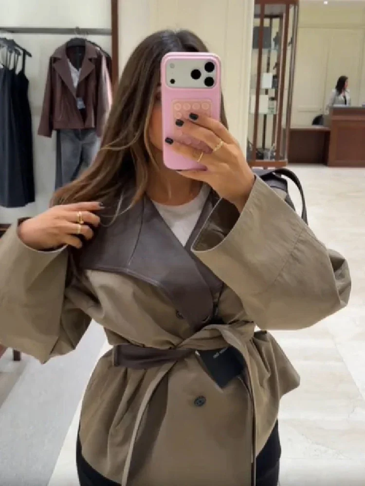 Damen Kurzer Trenchcoat aus Kunstleder mit Gespleißten Schulterklappen, Gürtel in der Taille, Locker Geschnittene Khaki Kurze Jacke, Vintage 2026 Damen Oberbekleidung – Detail 9