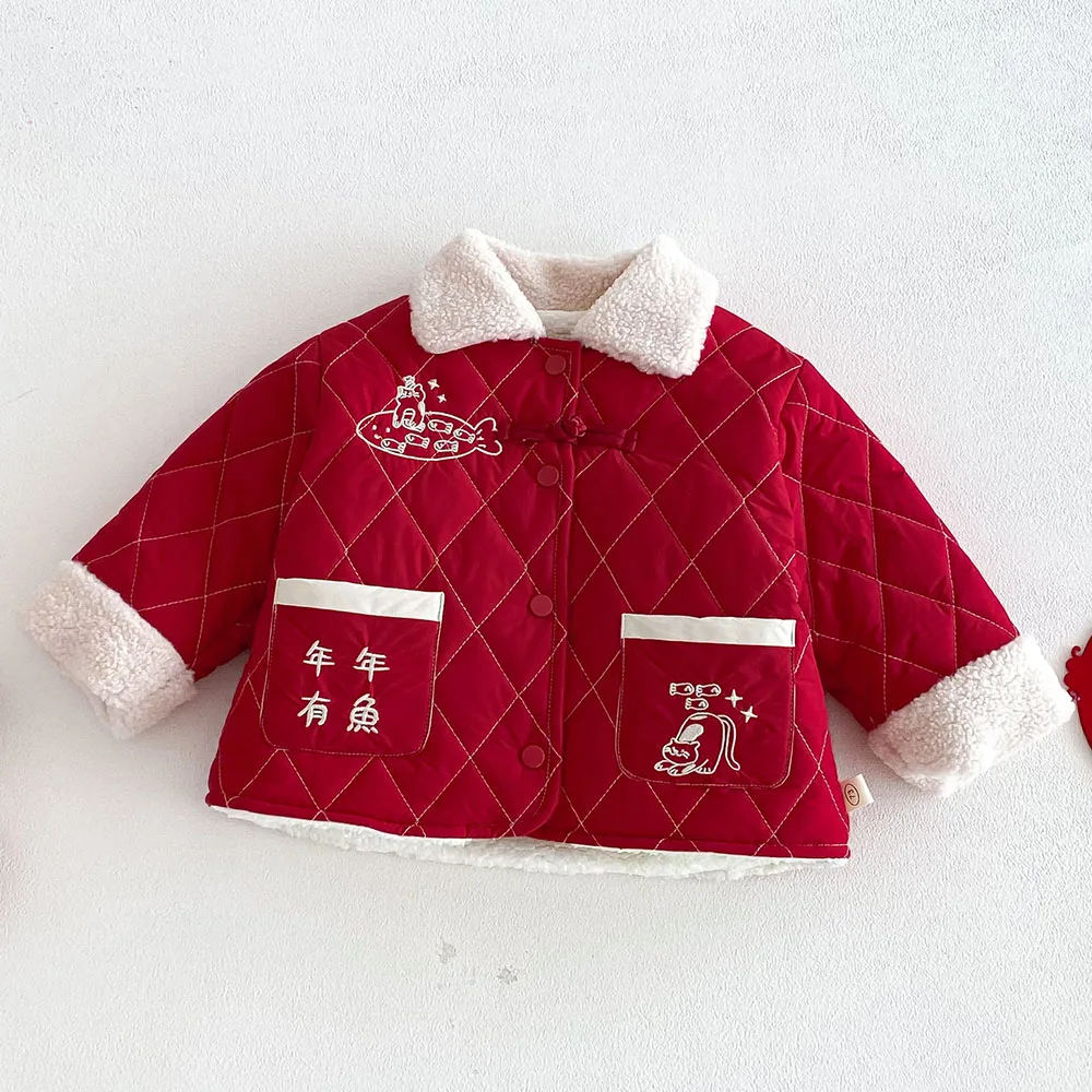 أطفال ملابس الأولاد الشتاء سترة المخملية الدافئة التطريز السنة الصينية الجديدة الأطفال معاطف بدوره إلى أسفل طوق عيد الميلاد ملابس خارجية #3